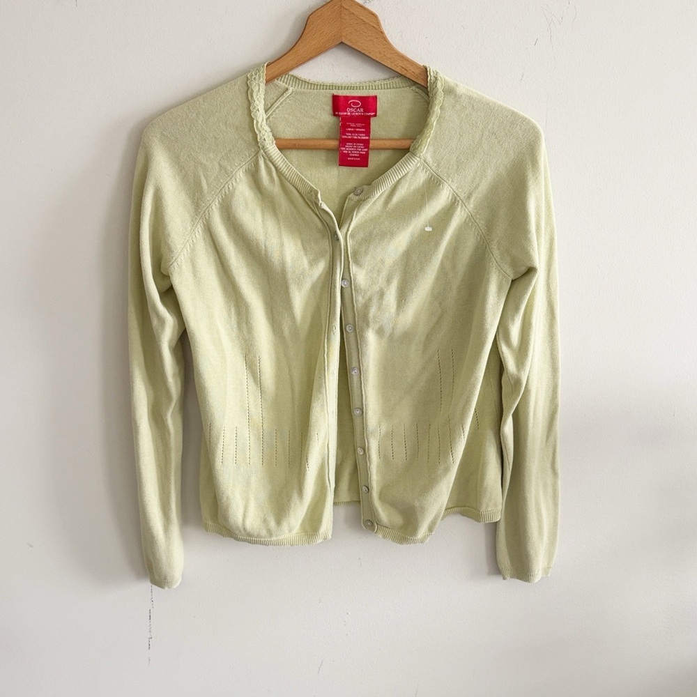 Vintage y2K 90s Oscar De LaRenta green silk cotton lightweight cardigan sweater
